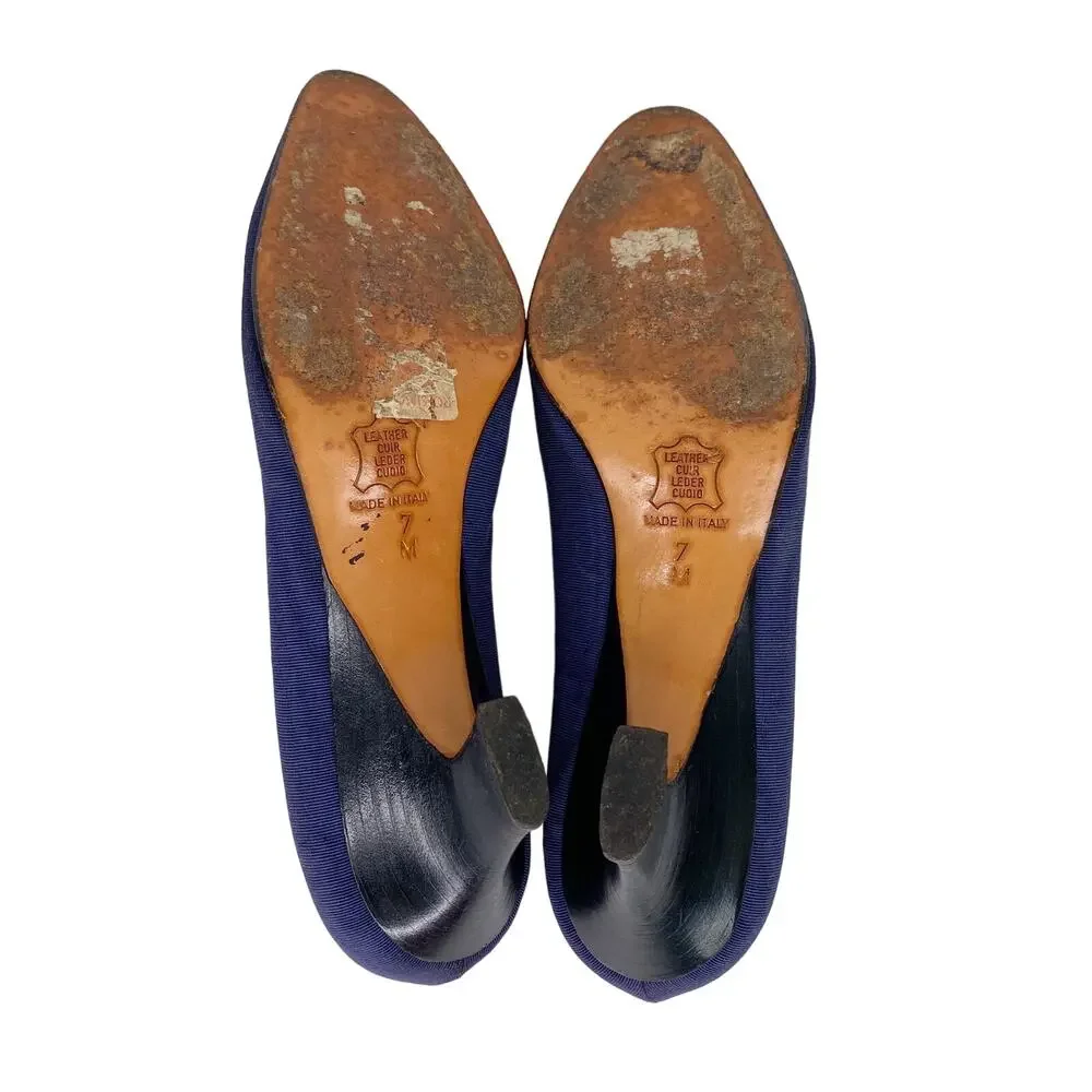 Yves Saint Laurent YSL Vintage Ribbed Navy Silk Pumps 7M Heels 2.25